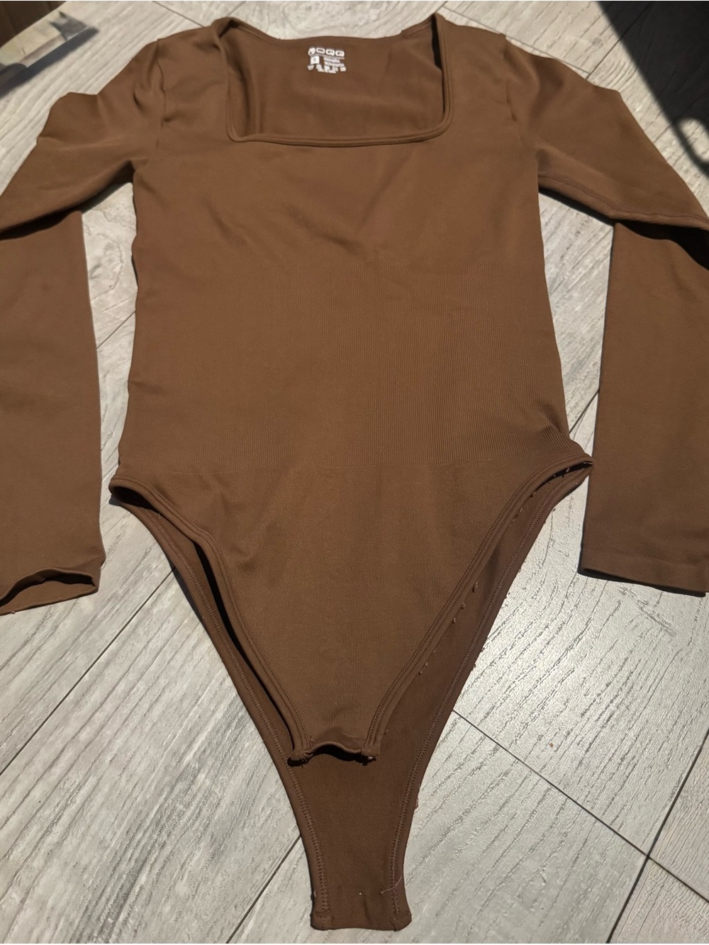 Long-Sleeve Square Neck Bodysuit in Brown